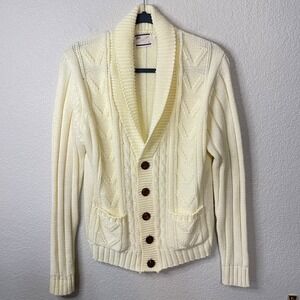 Vtg Sears Sportswear Cardigan Mens Large Sweater Cream Cable Knit Pockets Grandp